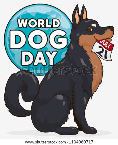 Oriental breed dog holding a loose-leaf calendar with reminder date and round label with globe for World Dog Day celebration in July 21.
