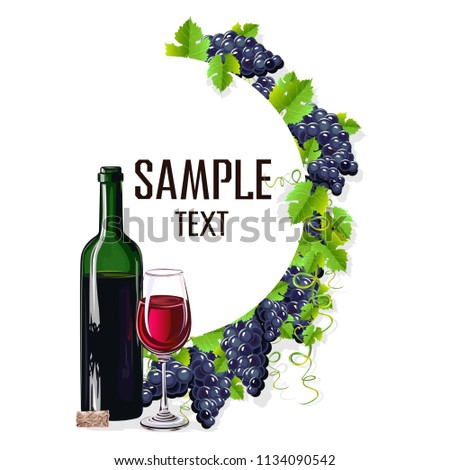 Card template with a glass of wine and grapes. Vector illustration.
