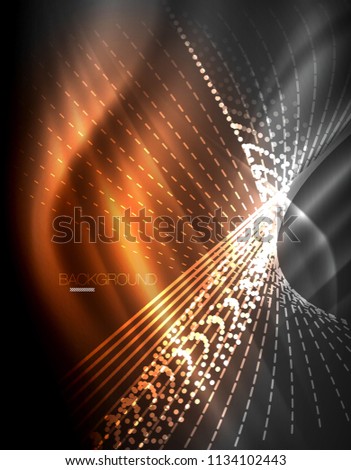 Smooth light effect, straight lines on glowing shiny neon dark background. Energy technology idea. Vector illustration
