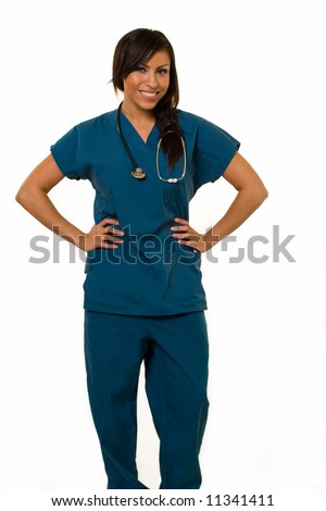 Full body of an attractive young brunette Hispanic woman health care worker standing with a smiling friendly expression on white