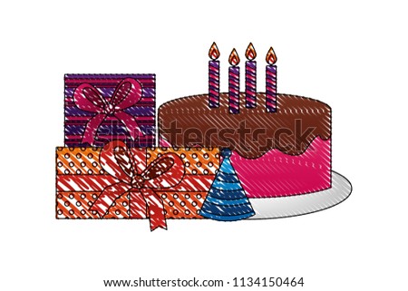 birthday cake with candles gift boxes party hat