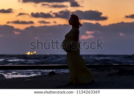 A pregnant woman silhouette on a sunset at the sea beach with her head high, she is not afraid to bear the child. Brave pregnant girl image.