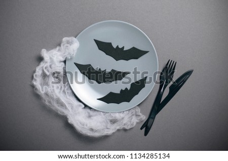 Top View of Halloween Plate on Dark Background, Halloween Holiday Party Dinner Concept