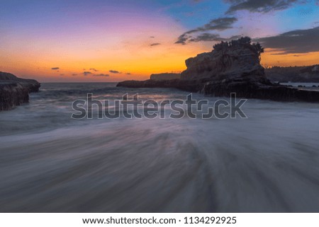 Klayar beach in long exposure shot and golden hours, East Java, Indonesia; May 2018
