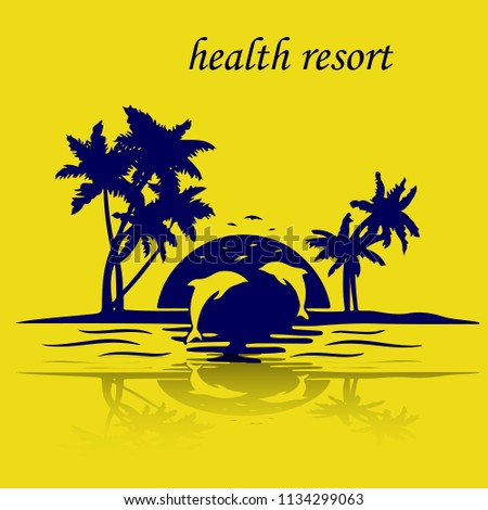 Resort island by the sea, sunset, jumping dolphins, silhouette on a yellow background, vector
