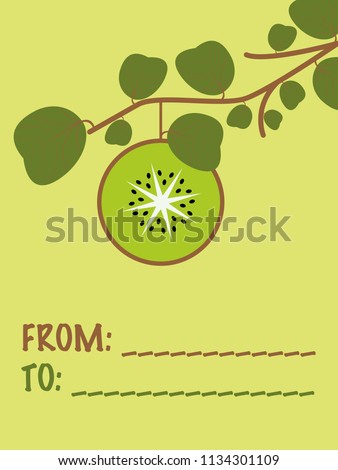 Greeting card with a twig, a kiwi slice and leaves and a free space for names and addresses on the yellow-green background.