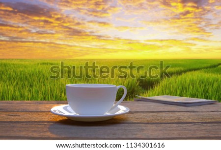 a selective focus picture of a coffee cup on wooden floor in the evening sunset 