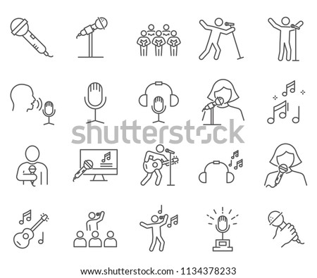 Set of singing Related Vector Line Icons. Contains such Icons as karaoke, concert, song, music and more.  Royalty-Free Stock Photo #1134378233