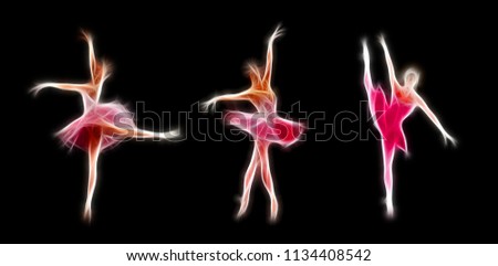 Fiery colorful ballerinas silhouette, isolated on black