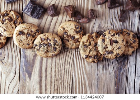 Chocolate cookies on table. Chocolate chip cookies shot
