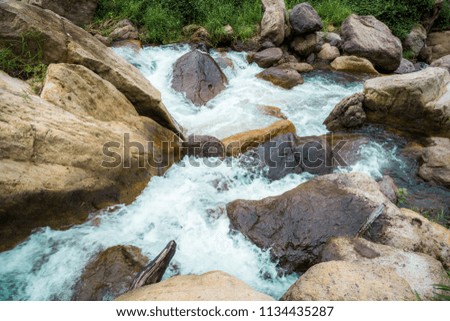 Landscape of mountain creek or stream or river flowing through the green forest 