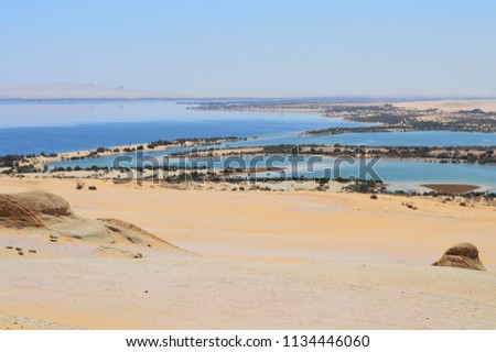 Beautiful surreal oasis in a sandy desert, Fayoum oasis in Sahara desert, Egypt, Africa Royalty-Free Stock Photo #1134446060