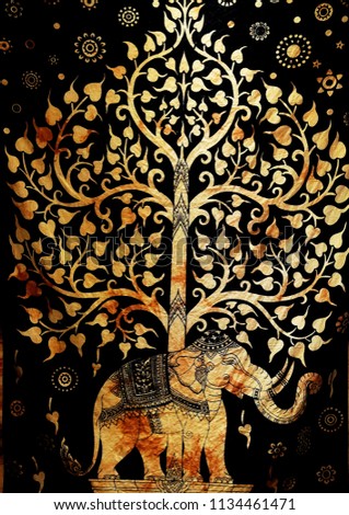 Traditional Thai style art gold color elephant and tree on fabric black background
