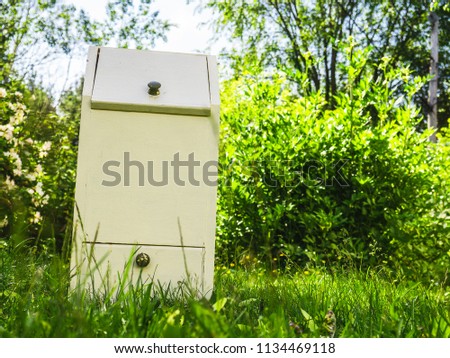 Homemade potato bin in the grass against a sunny forest background
