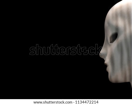One blurry bold head female robot doll face in profile view against black  background , artificial intelligence concepto