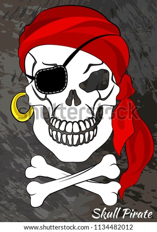 Skull pirate with red bandana and crossbones. Vector illustration.
