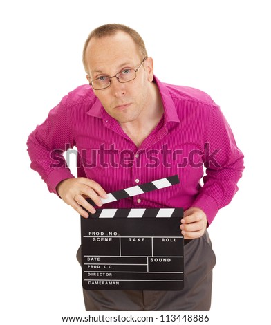 A male business person with a clapperboard