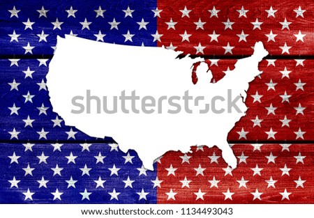 White USA map on red and blue starry wood background