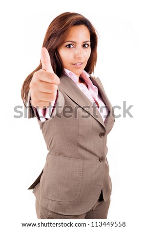 Happy smiling young business woman thumbs up over white background
