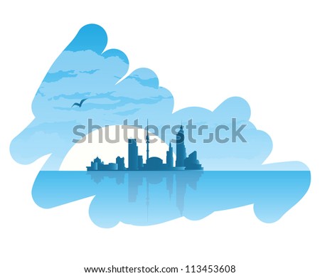Vector seascape on summer journey to the city, clouds and a seagull