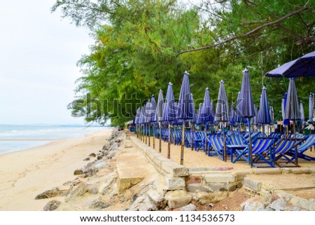 Beach on the beach with beautiful blue sun shade. Cha am Phetchaburi