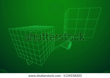 Simple seesaw scales weighing big and small abstract box. Balance, comparison and equality concept. . Wireframe low poly mesh vector illustration
