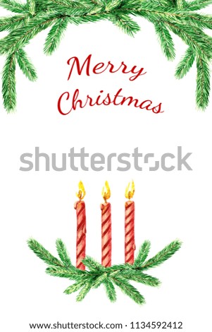 Christmas card with fir branches and candles. Watercolor illustration for Christmas with space for text.
