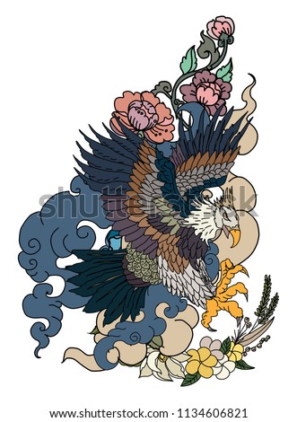 Eagle flying tattoo.Traditional Japanese eagle with Thai flower on cloud tattoo.White headed American bird tattoo design.