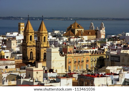 Cadiz Skyline.  A rooftop view of the Cadiz skyline in southern Spain, with San Antonio church in the foreground.