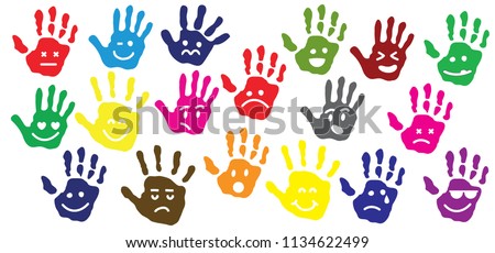 Hand palm print of person child children hand print prints hand drawn emoji vector cartoon imprint emotion emoticons smile happy faces face doodle style color emoji colour kids human signs
