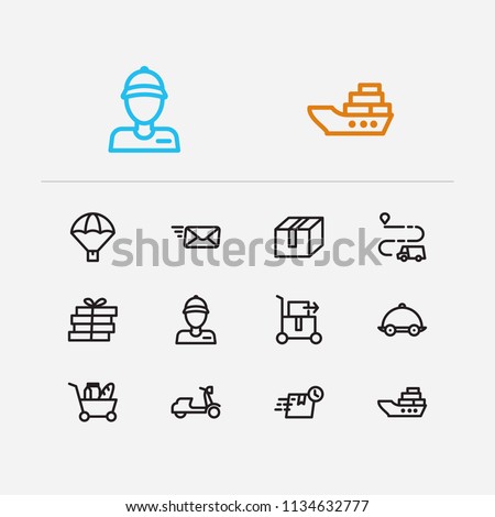 Shipment icons set. Email and shipment icons with ship delivery, courier delivery guy and delivery export. Set of catering for web app logo UI design.