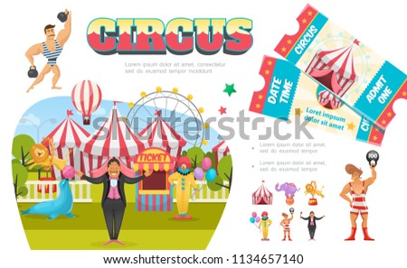 Flat circus elements composition with strongman clown magician tent ferris wheel ticket booth lion seal elephant performing different tricks vector illustration 