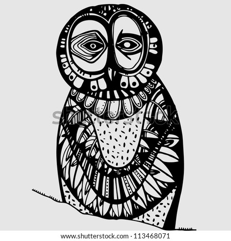 Decorative vector illustration with owl, black and white