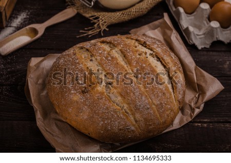 Homemade bread, product photo, selective focus, others pastries behind