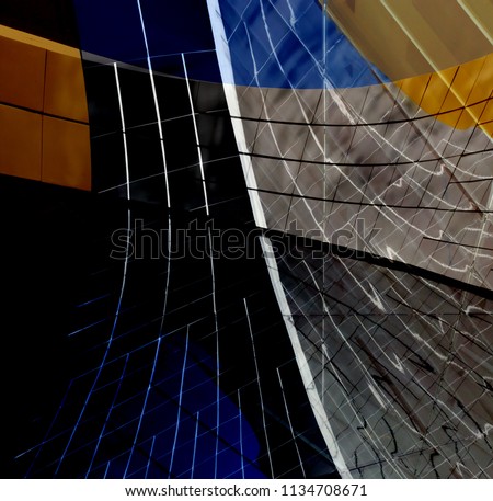 Abstract glass background on the subject of modern architecture, technology or construction industry. Collage photo of transparent walls with reflections. Wall panels in several different colors.