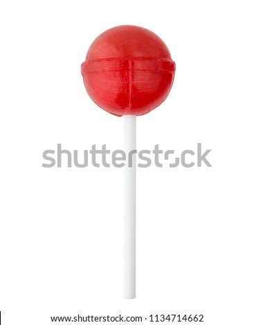 Lollipop on a stick on a white background. Round candy of red color on a white background. Royalty-Free Stock Photo #1134714662
