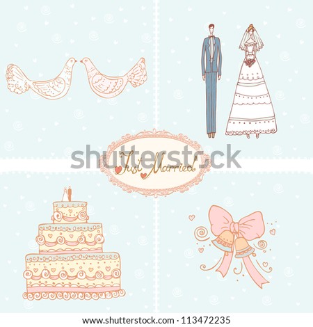 Illustration wedding set. Collection with wedding images for design greeting card, invitation, congratulation banner etc.