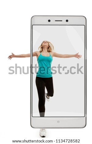 Running fit fitness sport model jogging smiling happy isolated on white background. Caucasian fitness girl training. conceptual collage with device