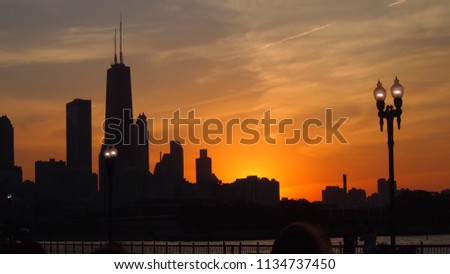 chicago city skyline sunset