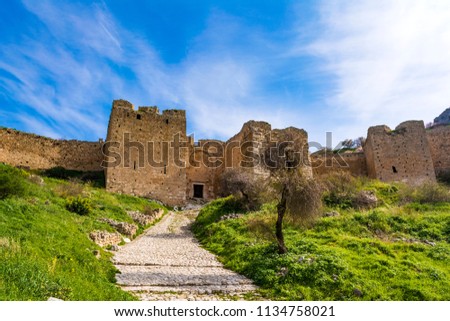 Castle of Acrocorinth, Upper Corinth, the acropolis of ancient Corinth, Greece. Royalty-Free Stock Photo #1134758021