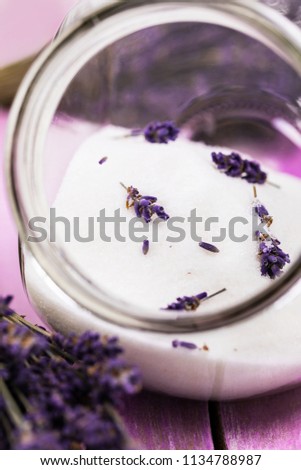 Lavender Sugar with Lavender Flowers. Selective focus.