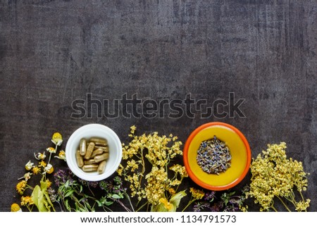 Medicinal and Healing herbs for clean eating biohackers paleo diet on vintage background flat-lay, top view.