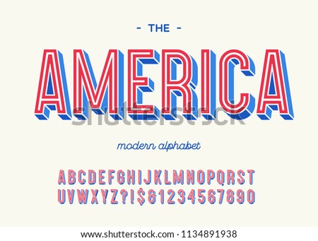 America modern alphabet 3d typography colorful style for decoration, party poster, t shirt, logo, promotion, book, card, sale banner, printing on fabric. Cool font. Trendy typeface. Vector 10 eps Royalty-Free Stock Photo #1134891938