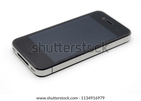 Black mobile phone on a white background.