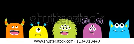 Monster face set. Cute cartoon scary funny character. Happy Halloween. Colorful silhouette. Baby collection. T-shirt design. Black background. Flat design. Vector illustration Royalty-Free Stock Photo #1134918440