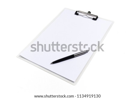 Clipboard with white sheet and pen isolated on a white background. Top view. Mock up for word. Royalty-Free Stock Photo #1134919130