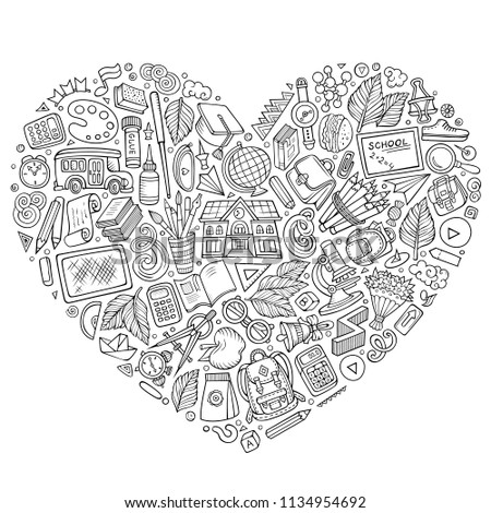 Line art vector hand drawn set of School cartoon doodle objects, symbols and items. Heart form composition