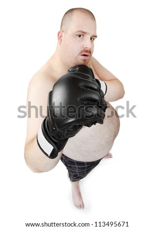 Funny picture of a overweight fighter with boxing gloves.