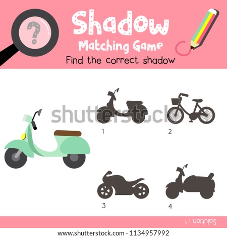 Shadow matching game of Motor Scooter cartoon character side view transportations for preschool kids activity worksheet colorful version. Vector Illustration.
