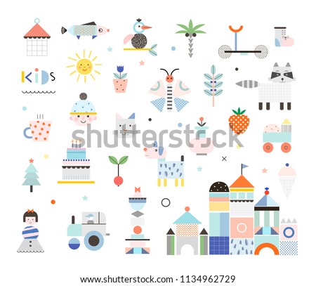 Set of cute elements. Different creative and fun graphic items. Poster for kids. Baby room decor. Vector